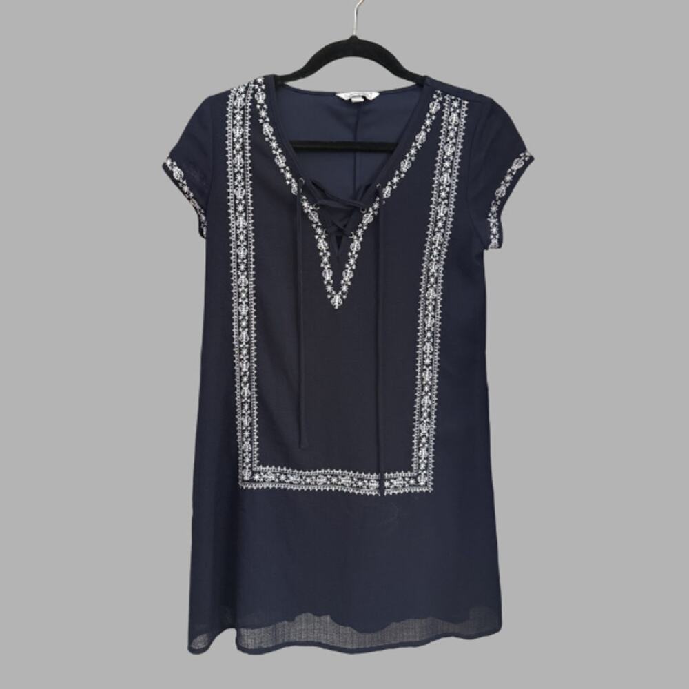 Speckless Navy Embroidered Boho Tunic Dress Small Lace Up V-Neck Cap Sleeve